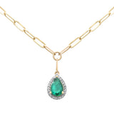<span style="color:purple">SPECIAL!</span> 1.53ct G SI 14K Yellow Gold Diamond & Pear Shape Emerald Gemstones Paper Clip Pendant Necklace  15+2" Ext Long Chain