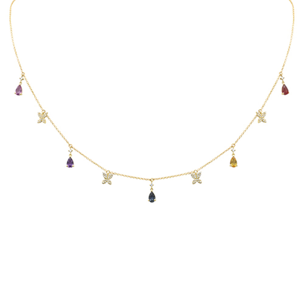 1.49ct G SI 14K Yellow Gold Diamond & Pear Shape Multi Sapphire Pendant Necklace 16+2" Long