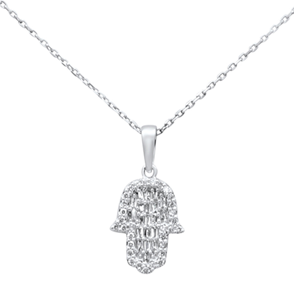 .25ct G SI 14K White Gold Diamond Round & Baguette Hamsa Pendant Necklace 18" Long
