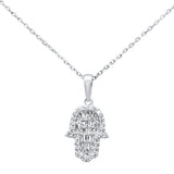 .25ct G SI 14K White Gold Diamond Round & Baguette Hamsa Pendant Necklace 18" Long
