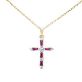 .30ct G SI 14K Yellow Gold Diamond & Ruby Gemstone Pendant Cross Necklace 18" Long