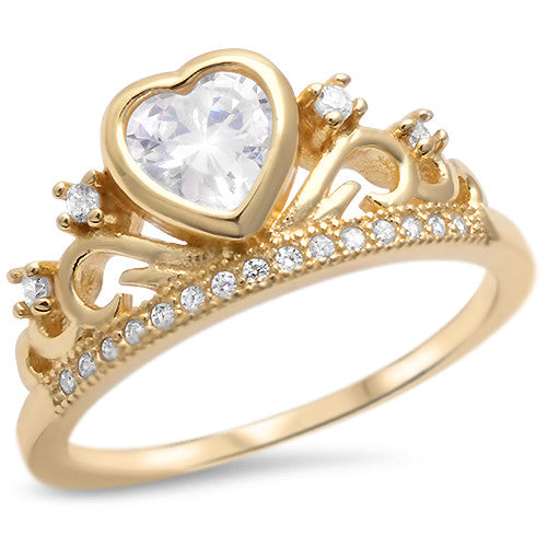 <span>CLOSEOUT!</span>Yellow Gold Plated Cz Heart Crown .925 Sterling Silver Ring Sizes 5-10
