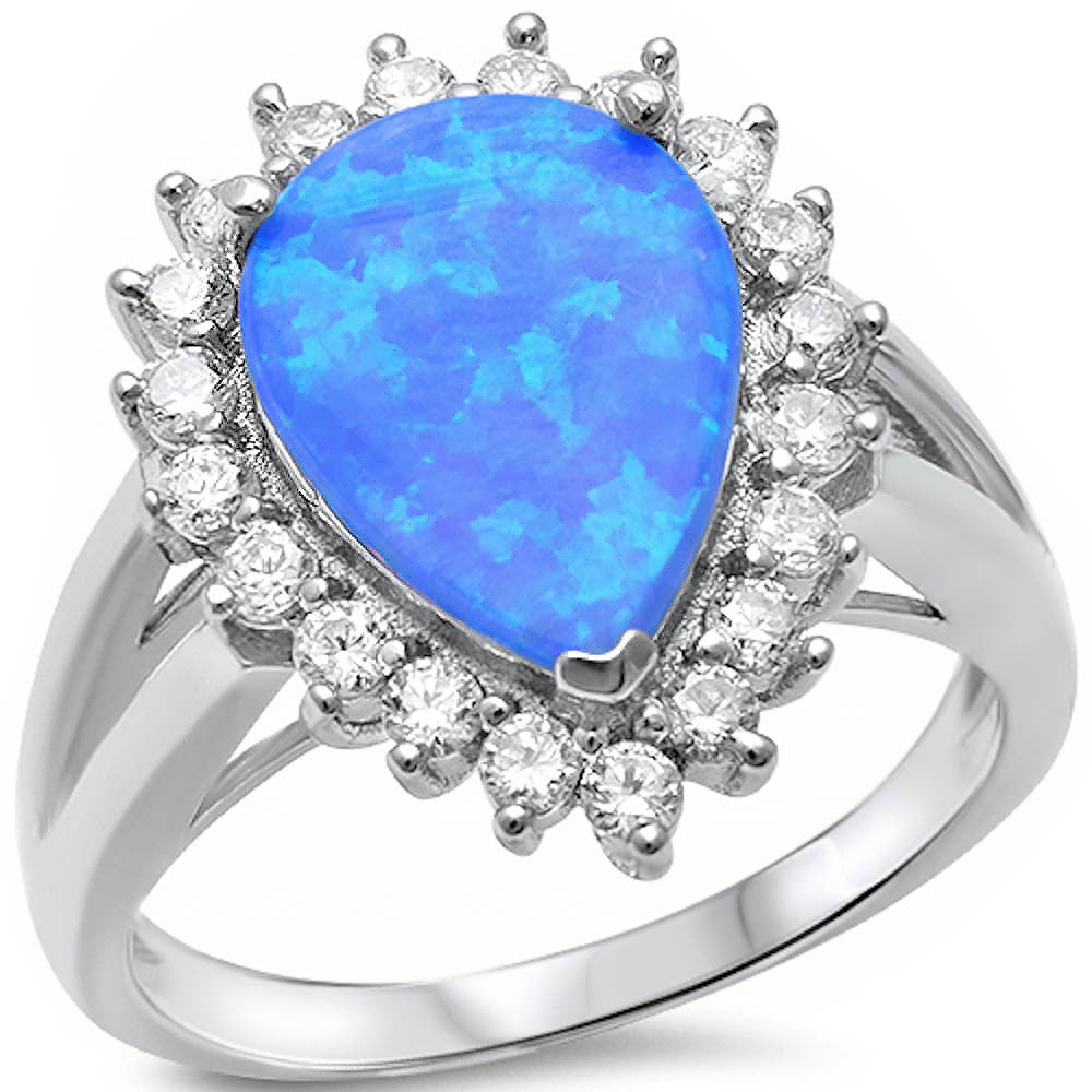 <span>CLOSEOUT!</span> Pear Shape Blue Fire Opal & Cz .925 Sterling Silver Ring