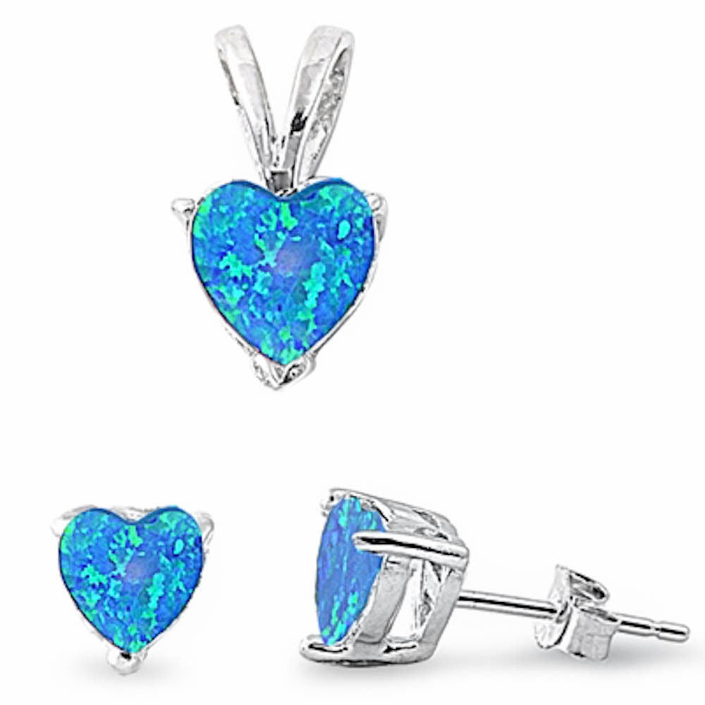 Blue Fire Opal Heart .925 Sterling Silver Earring & Pendant Set
