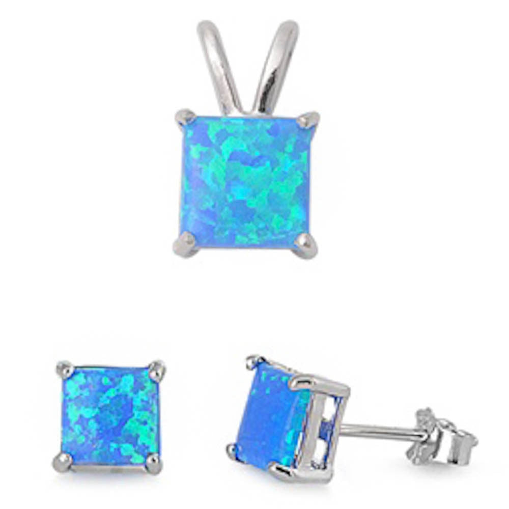 GREAT QUALITY Princess Cut Blue Lab FIRE Opal Pendant & Earring .925 Sterling Silver