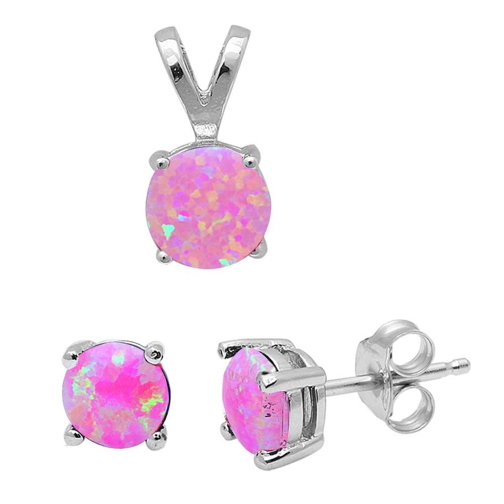 Round Pink Fire Opal .925 Sterling Silver Earring & Pendant Set