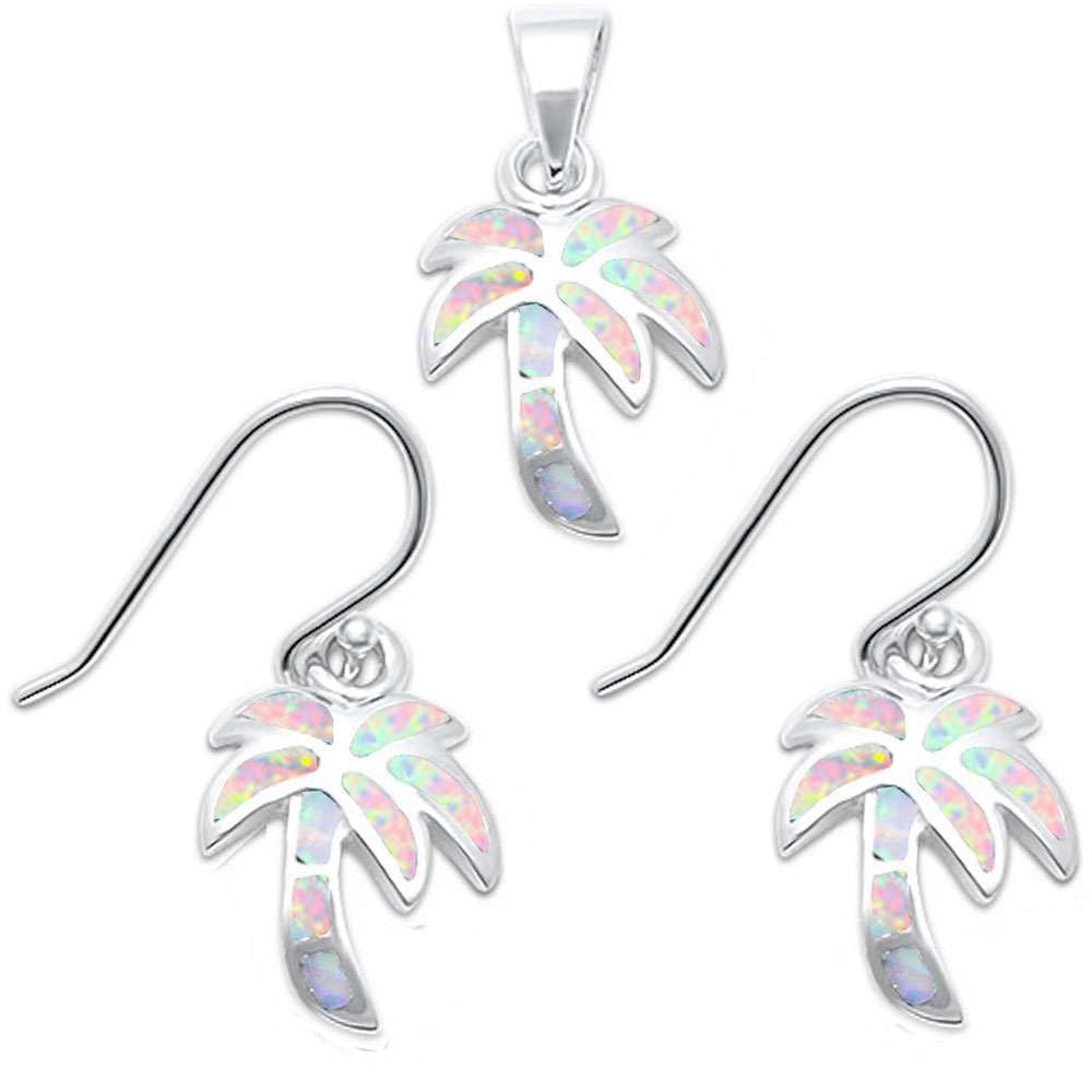 Lab Created White Opal Palm Tree .925 Sterling Silver Earrings & Pendant Set