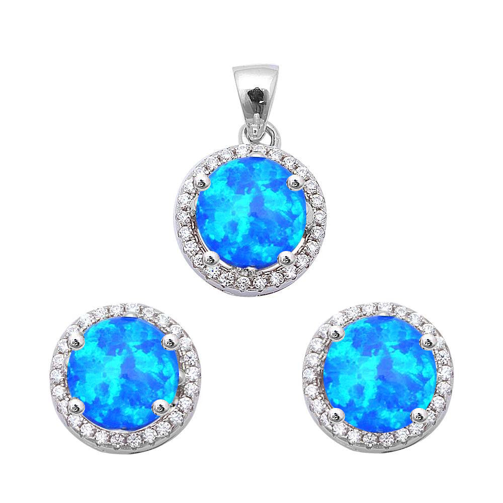 Halo Blue Opal & Cubic Zirconia .925 Sterling Silver Earring & Pendant Set