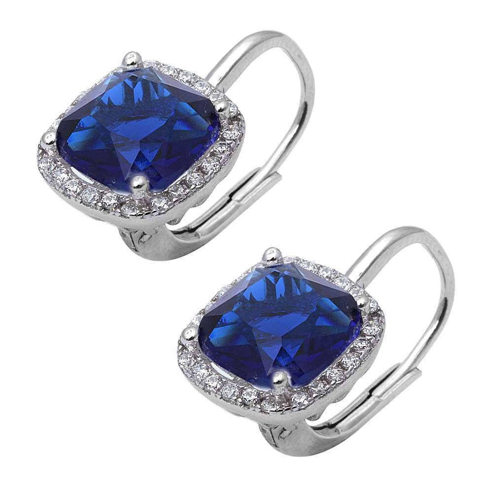 Cushion Cut Blue Sapphire and Cubic Zirconia .925 Sterling Silver Earring
