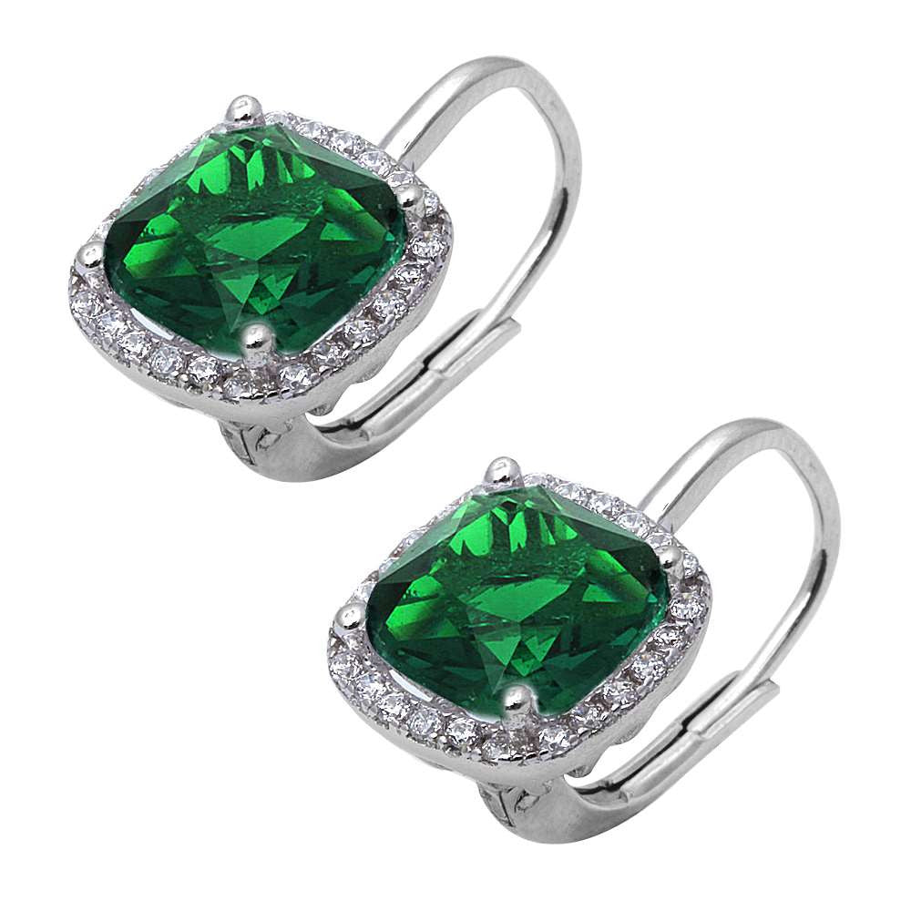 Cushion Cut Green Emerald and Cubic Zirconia .925 Sterling Silver Earring