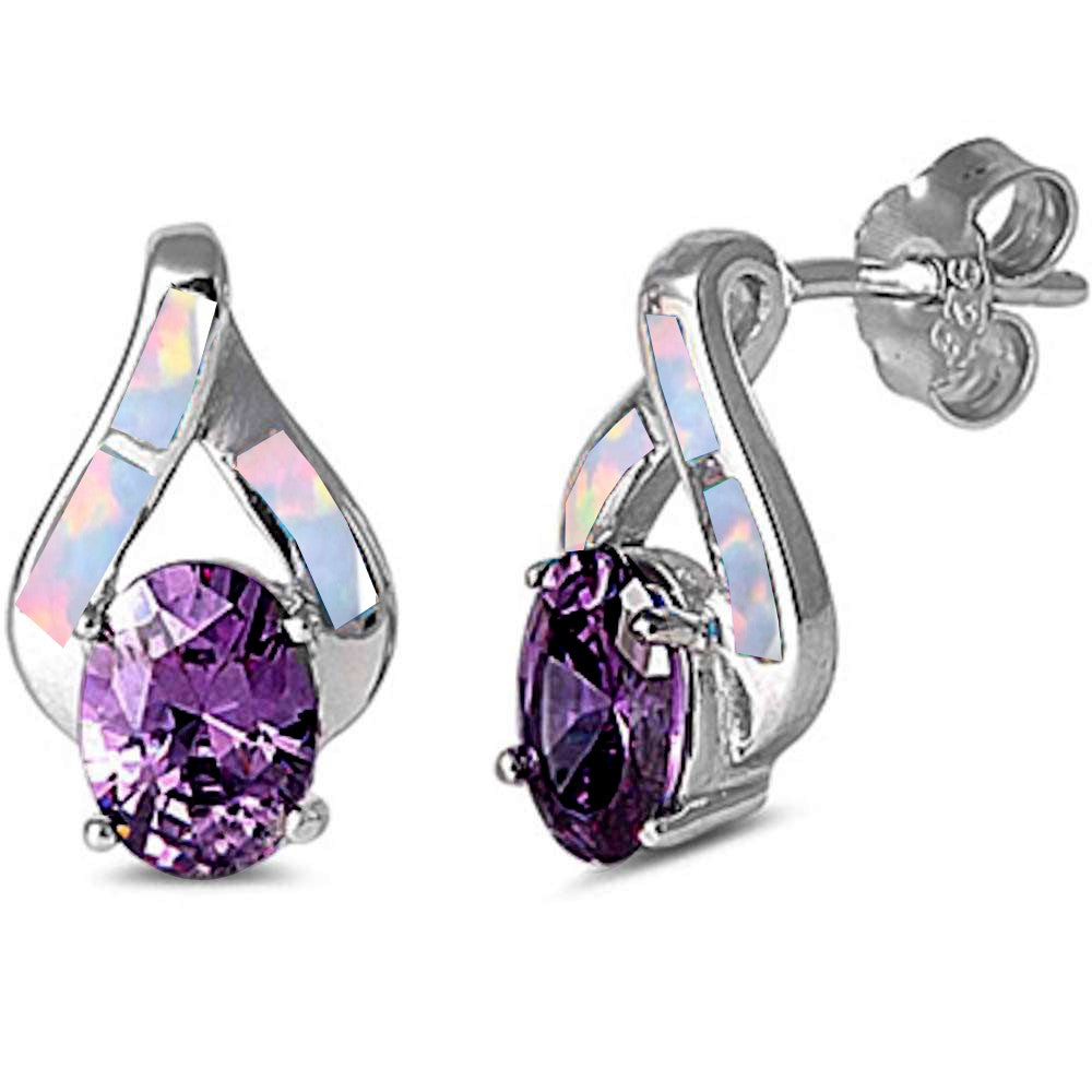 Amethyst & Lab Created White Opal High Fashion  .925 Sterling Silver Earrings