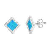 <span>CLOSEOUT! </span>Blue Opal Diamond Shape Stud .925 Sterling Silver Earrings