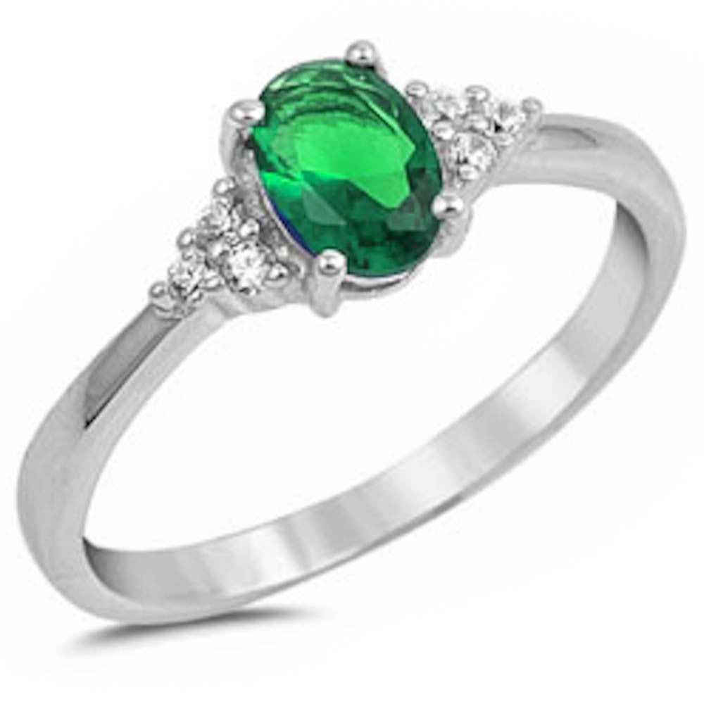 Oval Emerald & Cz Beautiful Fashion .925 Sterling Silver Ring Sizes 4-11