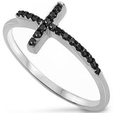 Hot Trend Sideways Black Cz Cross .925 Sterling Silver Ring