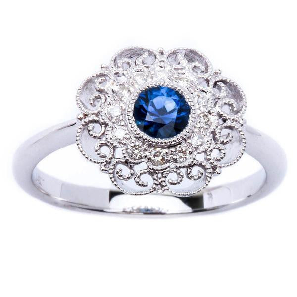<span>GEMSTONE CLOSEOUT! </span>.43ct Blue Sapphire & Diamond Antique Style 14kt White Gold Gemstone Ring