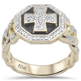 .48ct G SI 10K Yellow Gold Black Enamel Cross Men's Ring Band