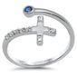 <span style="color:purple">SPECIAL!</span> .11ct G SI 14K White Gold Diamond Side Cross Diamond & Blue Sapphire Open Ring Band