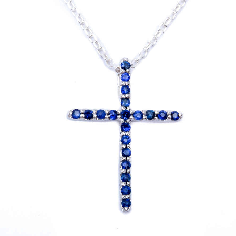 Beautiful Genuine Blue Sapphire Cross Pendant 14kt White Gold Free 18" Chain