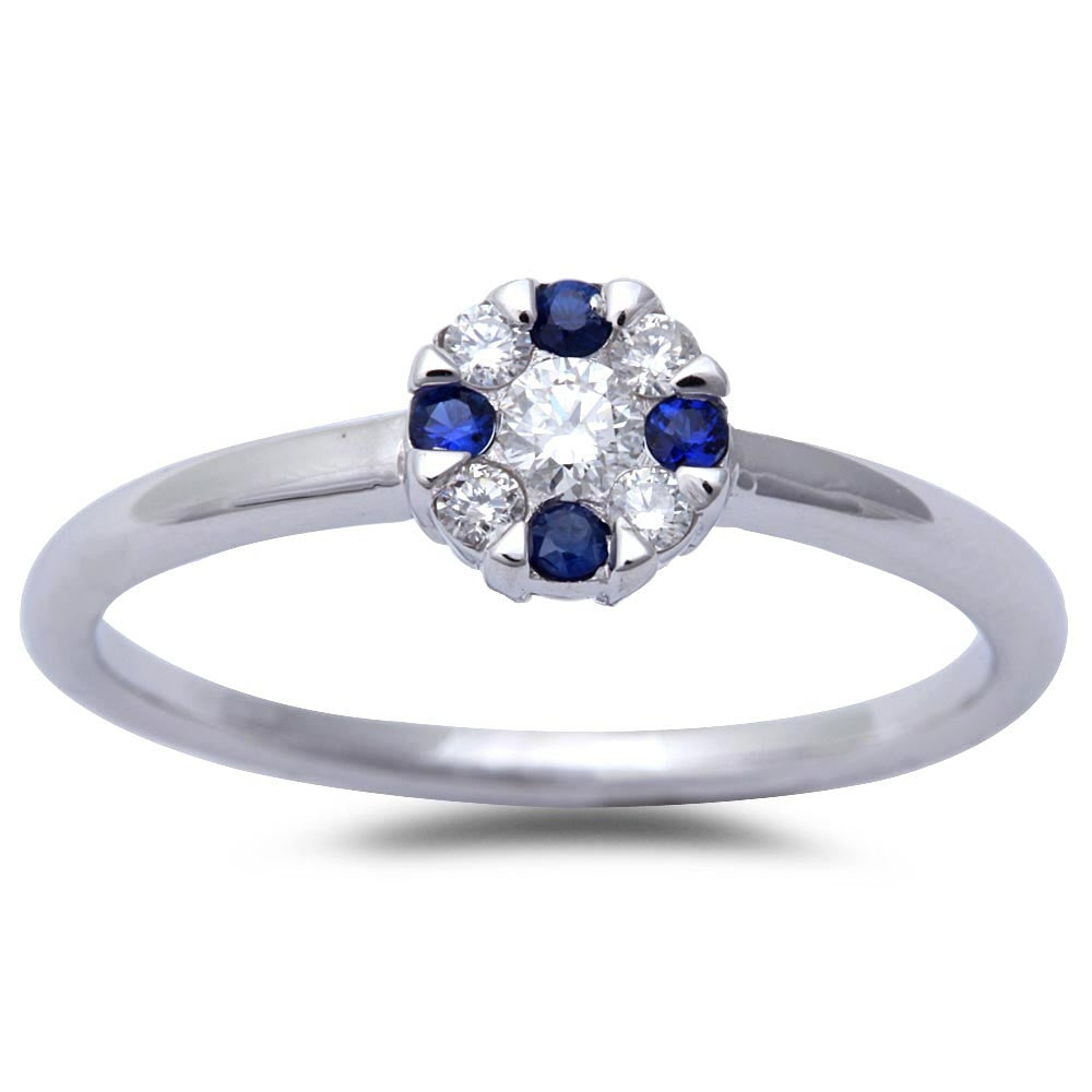 White Gold Blue Sapphire & Diamond Solitaire Engagement Promise Ring Size 6.5