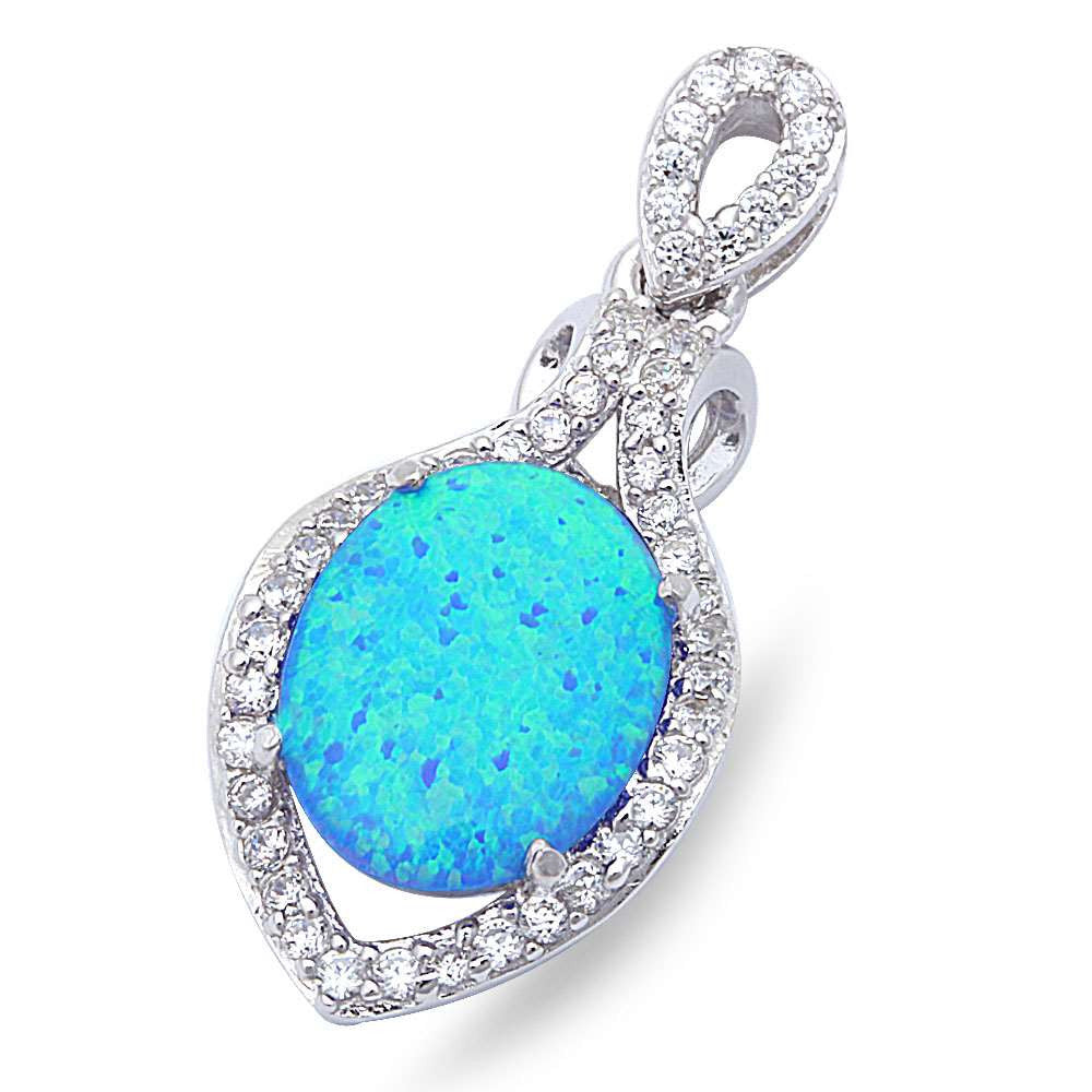 Lab Created Blue Opal & Cubic Zirconia .925 Sterling Silver Pendant 1" long