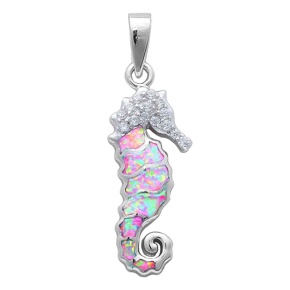 Pink Opal & Cz Sea Horse .925 Sterling Silver Pendant