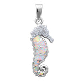 White Opal & Cz Sea Horse .925 Sterling Silver Pendant