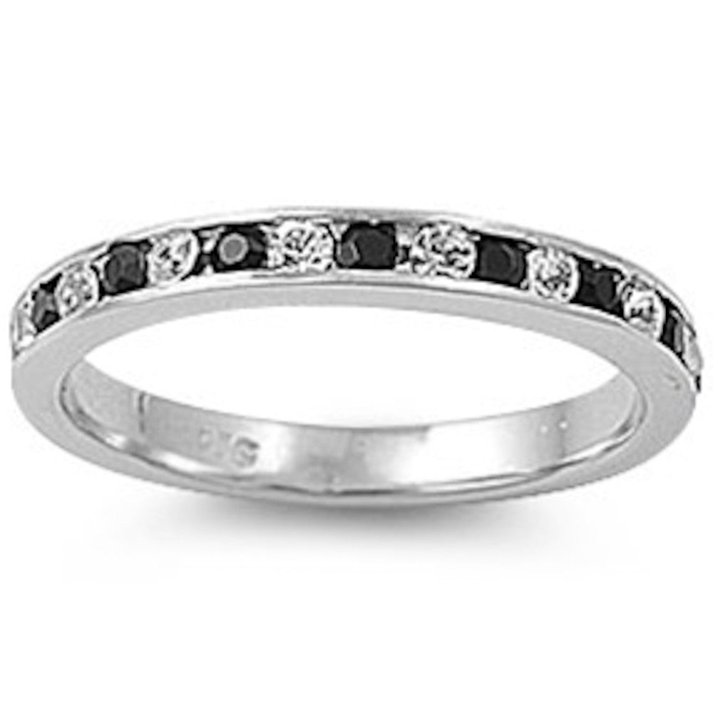 GORGEOUS BLACK & CLEAR Cubic Zirconia ETERNITY .925 Sterling Silver Ring Size