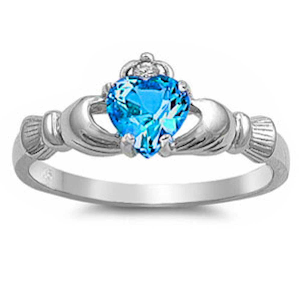 Blue Topaz & Cubic Zirconia Claddagh .925 Sterling Silver Ring Sizes 3-12