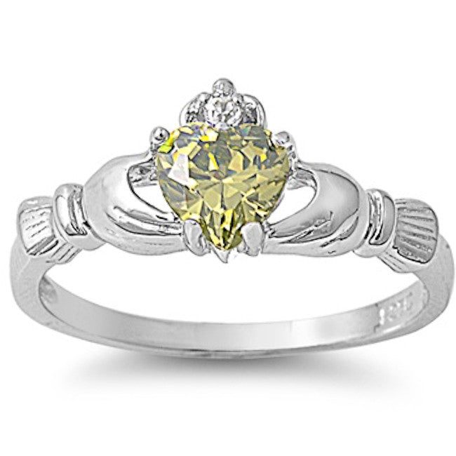Peridot and Cubic Zirconia Claddagh .925 Sterling Silver Ring Sizes 4-10