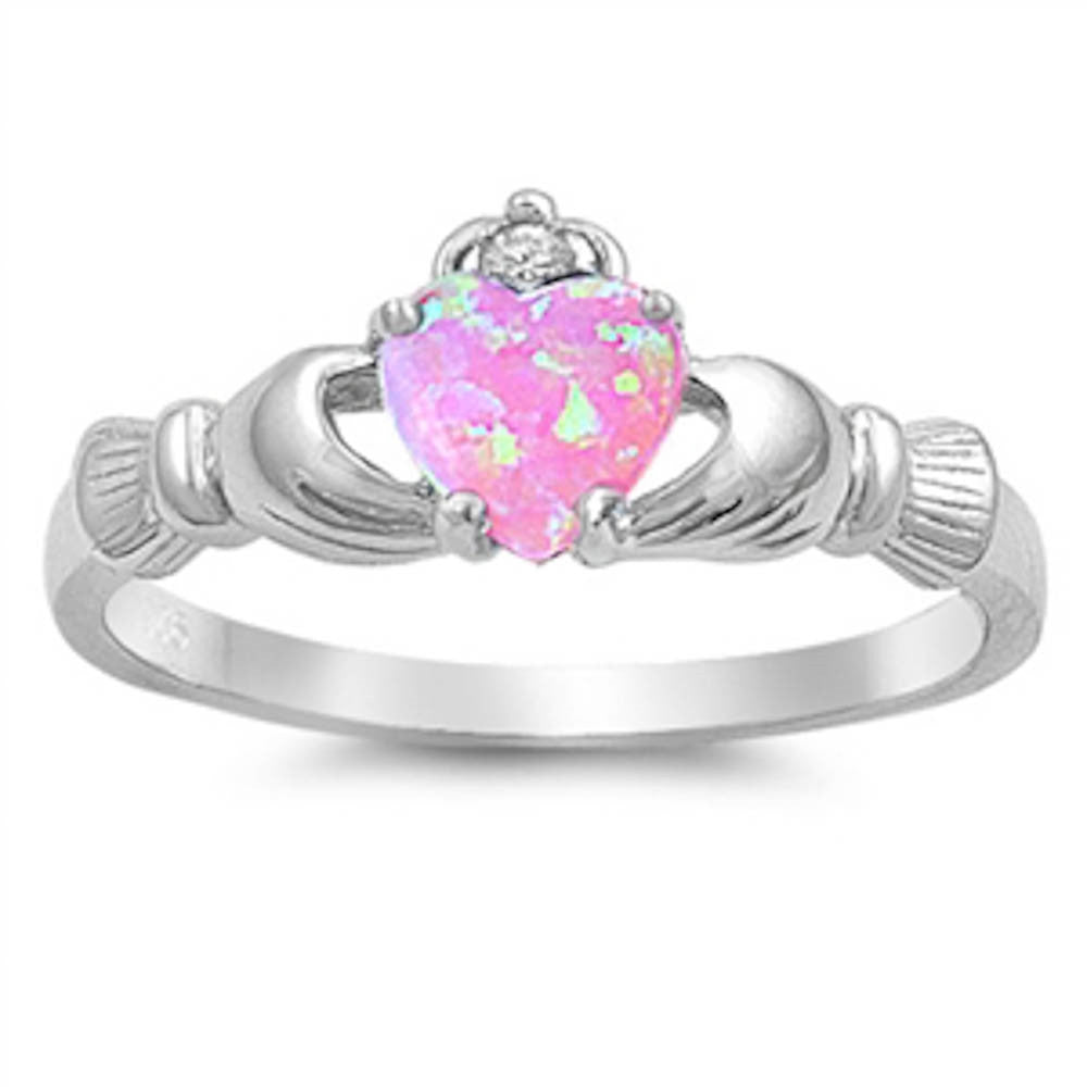 Pink Opal Claddagh & Cubic Zirconia .925 Sterling Silver Ring Sizes 4-12