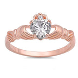 Rose Gold Plated and CZ Heart Claddagh .925 Sterling Silver Ring