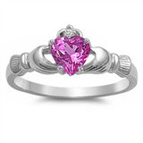 Rose Pink Heart Cubic Zirconia Claddagh .925 Sterling Silver Ring Sizes 3-12