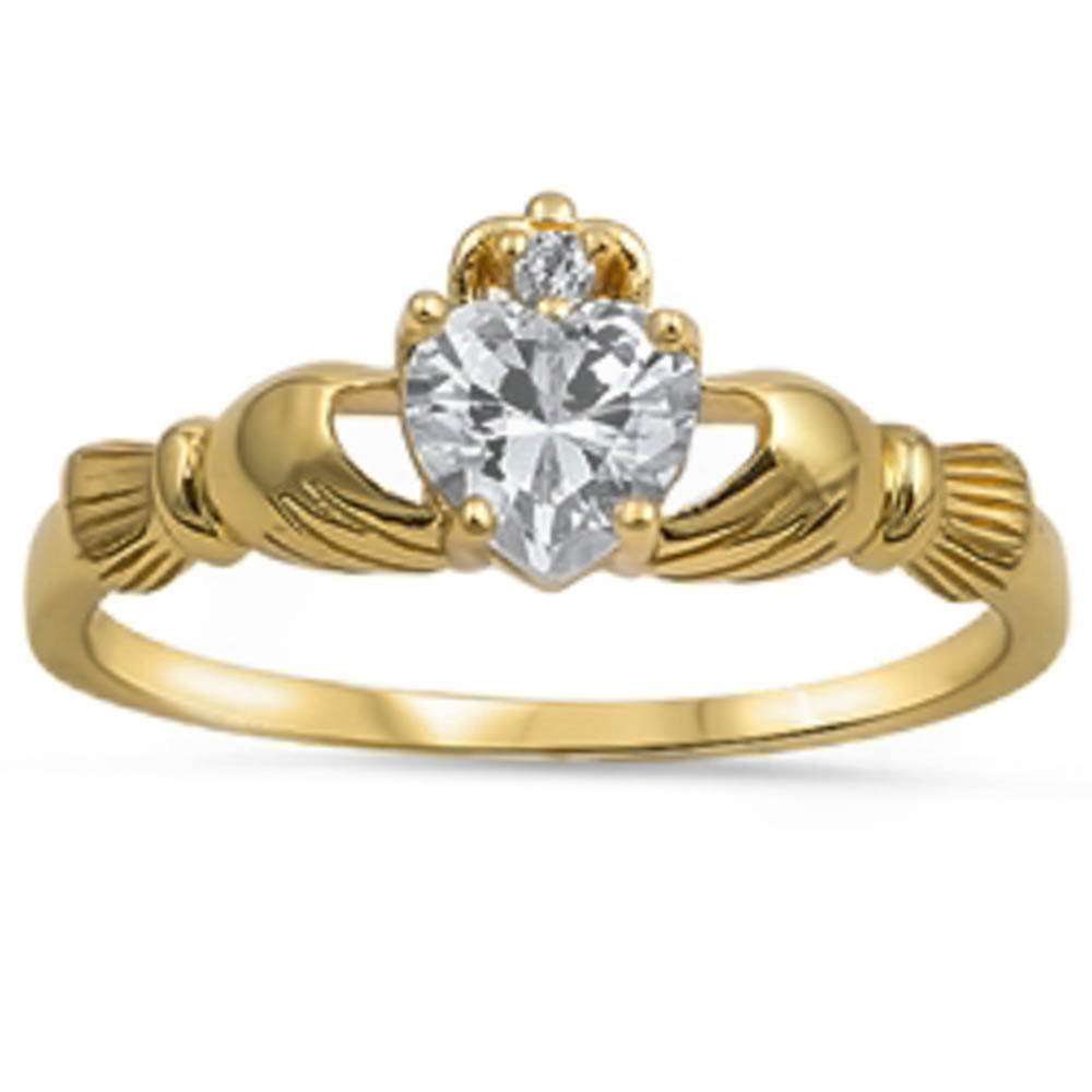 Yellow Gold Plated Irish Claddagh Cz Heart .925 Sterling Silver Ring Sizes 3-12