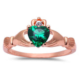 Rose Gold Plated Green Emerald CZ Heart Claddagh .925 Sterling Silver Ring Sizes 3-12