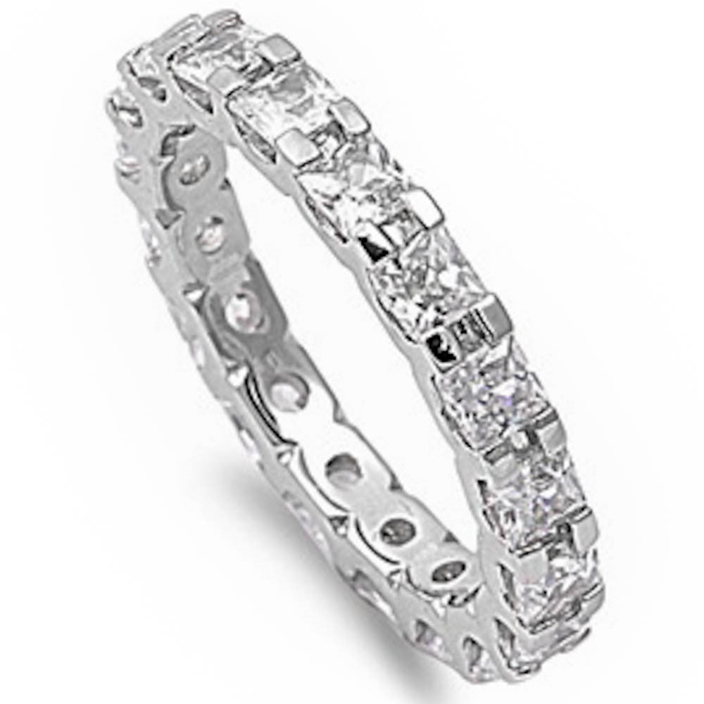 Princess Russian Cz Eternity Wedding Band .925 Sterling Silver Ring Sizes 5-10