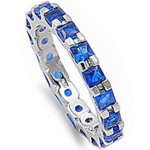 Princess Blue Sapphire Eternity Wedding Band .925 Sterling Silver Ring Sizes 5-10
