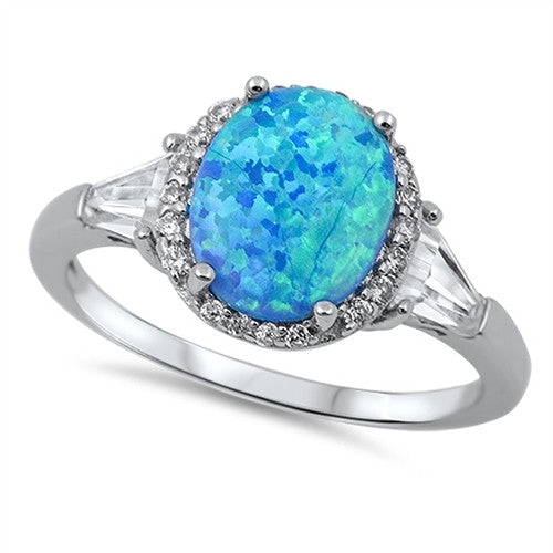Oval Design Blue Opal & Clear CZ .925 Sterling Silver Ring Sizes 5-10