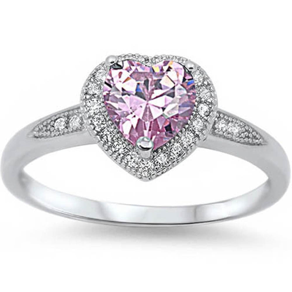 Halo Style Heart Cut Pink Cz Promise Ring .925 Sterling Silver Size 5-9