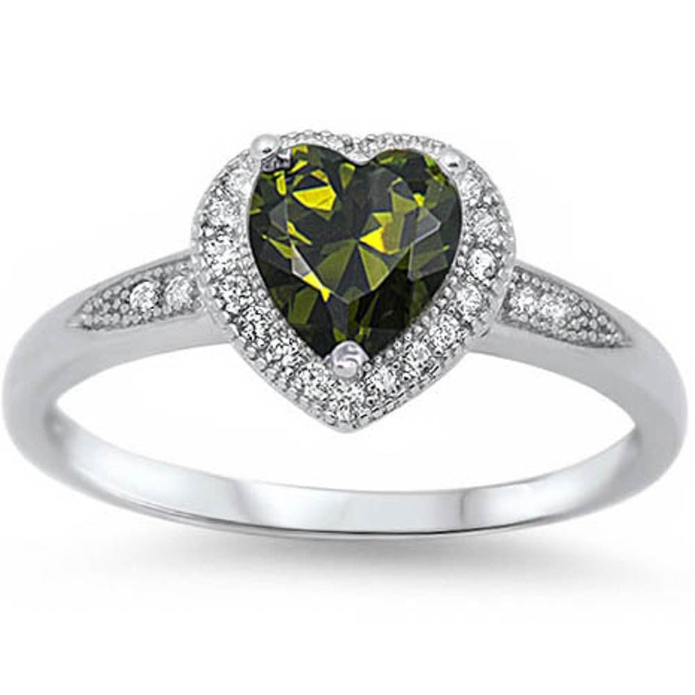 Halo Style Heart Cut Peridot Promise Ring .925 Sterling Silver Size 5-9