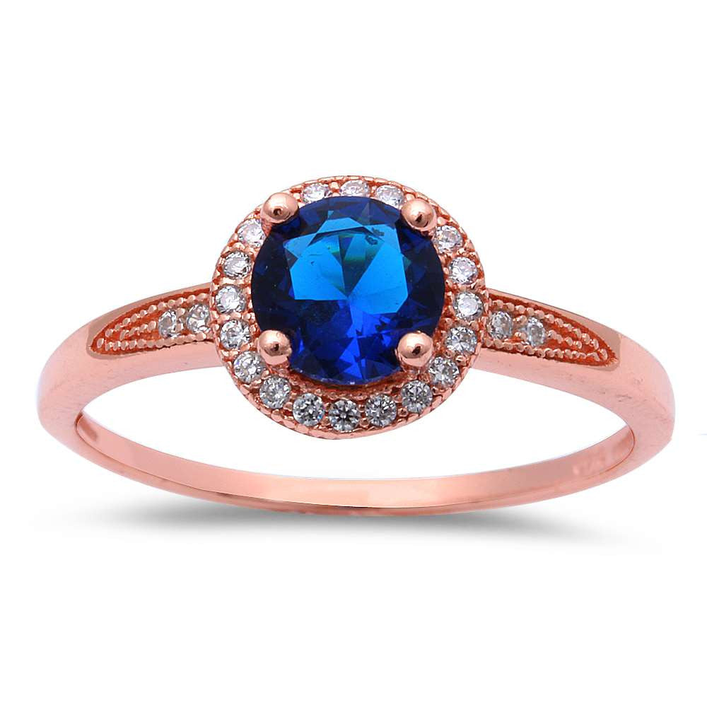 Rose Gold Plated Halo Blue Sapphire Cubic Zirconia .925 Sterling Silver Ring Sizes 4-9