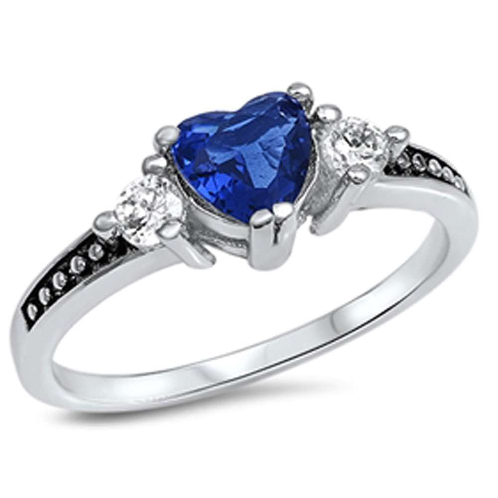 Elegant Blue Sapphire Heart & Cz .925 Sterling Silver Ring Sizes 4-10