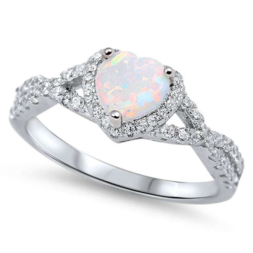 Heart with White Opal .925 Sterling Silver Ring Sizes 4-12
