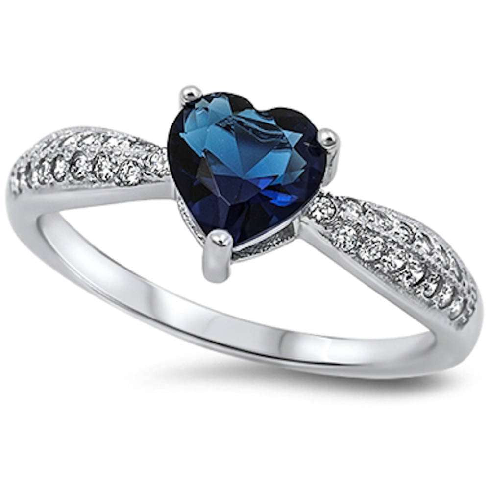 Blue Sapphire Heart & Pave Cz  .925 Sterling Silver Ring