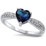 Blue Sapphire Heart & Pave Cz  .925 Sterling Silver Ring