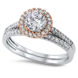 Two Tone Round Halo Cz Wedding Set .925 Sterling Silver Ring