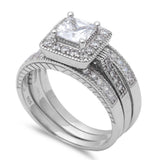 3 PIECE SET PRINCESS CUT SOLITAIRE WEDDING .925 Sterling Silver Ring Sizes 5-10