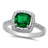 Cushion Cut Emerald Ring with CZ Sterling Silver Sizes 4, 8, 10