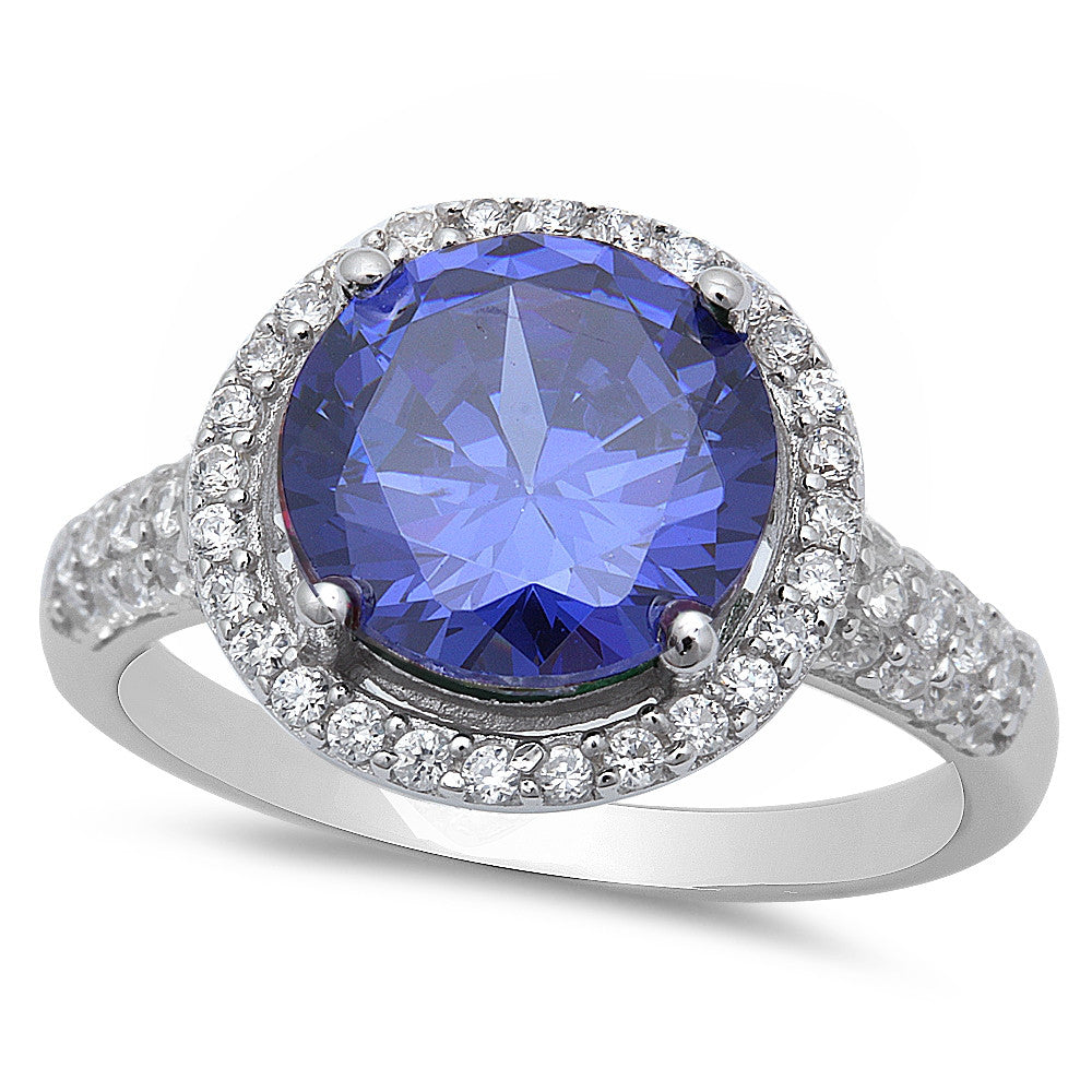 Sterling Silver Halo Tanzanite Ring with Cubic Zirconias