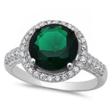 Sterling Silver Halo Emerald Ring with Cubic Zirconias Ring