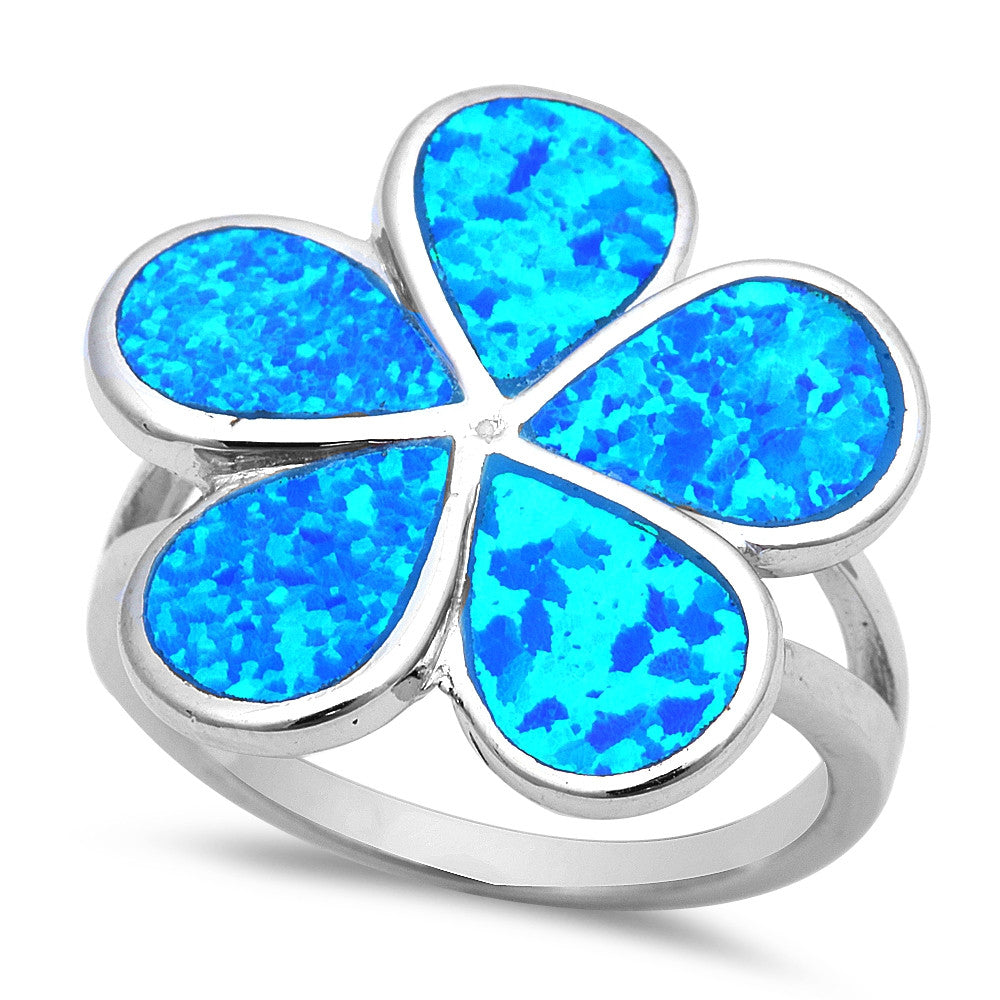 Sterling Silver Blue Fire Opal Plumeria Ring Sizes 7-10